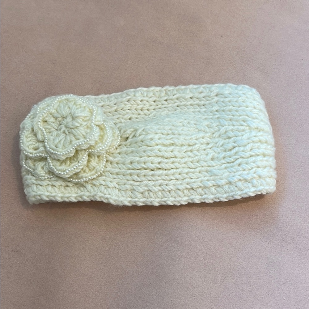 Cream Knitted Headband with Floral Accent